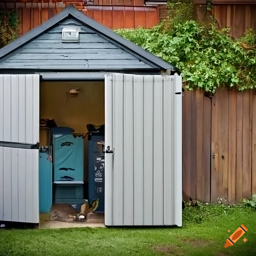 Narrow garden shed with solar inverters and agm batteries inside on Craiyon