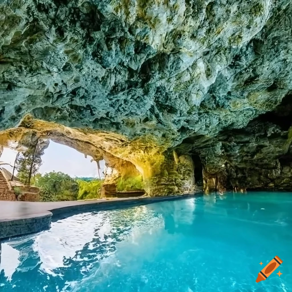 Modern kitchen in a stone cave with crystal clear water pool