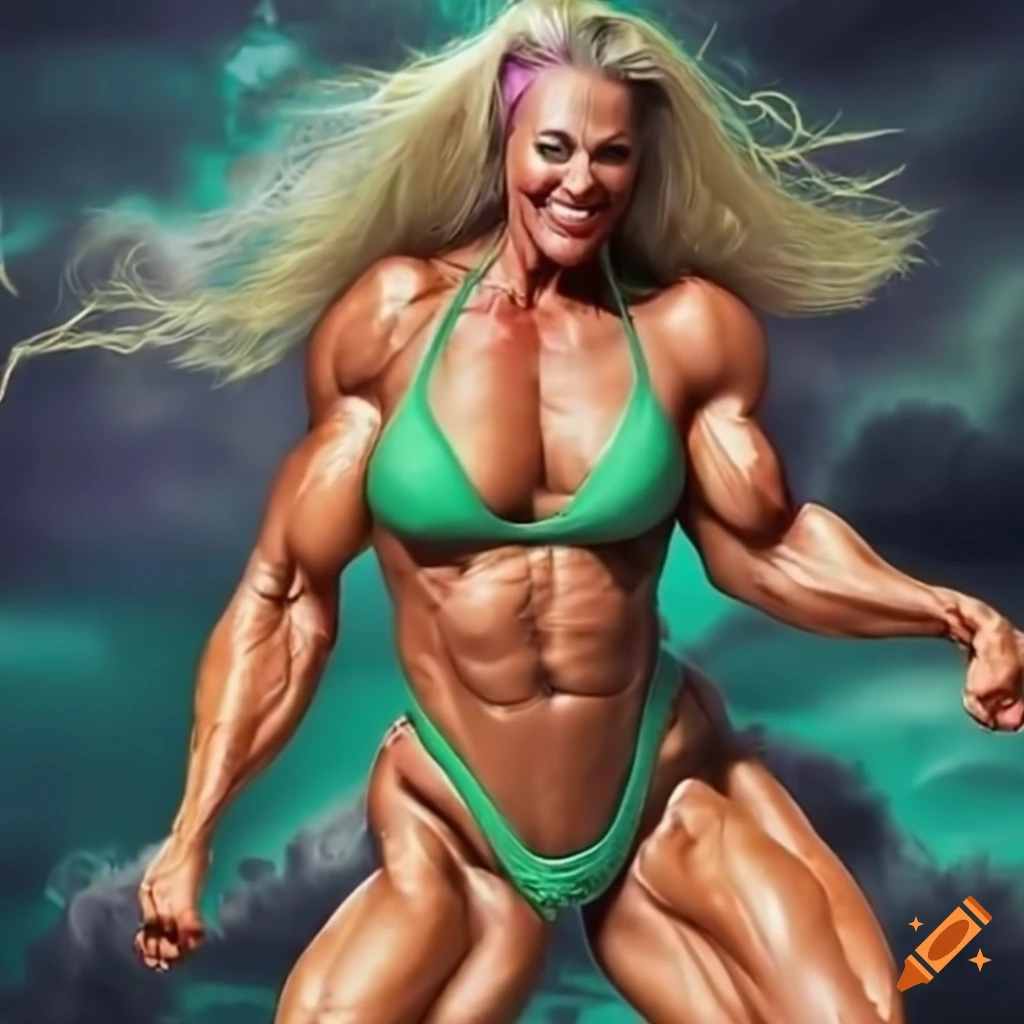 Muscular female bodybuilder in green bathing suit growing larger during thunderstorm