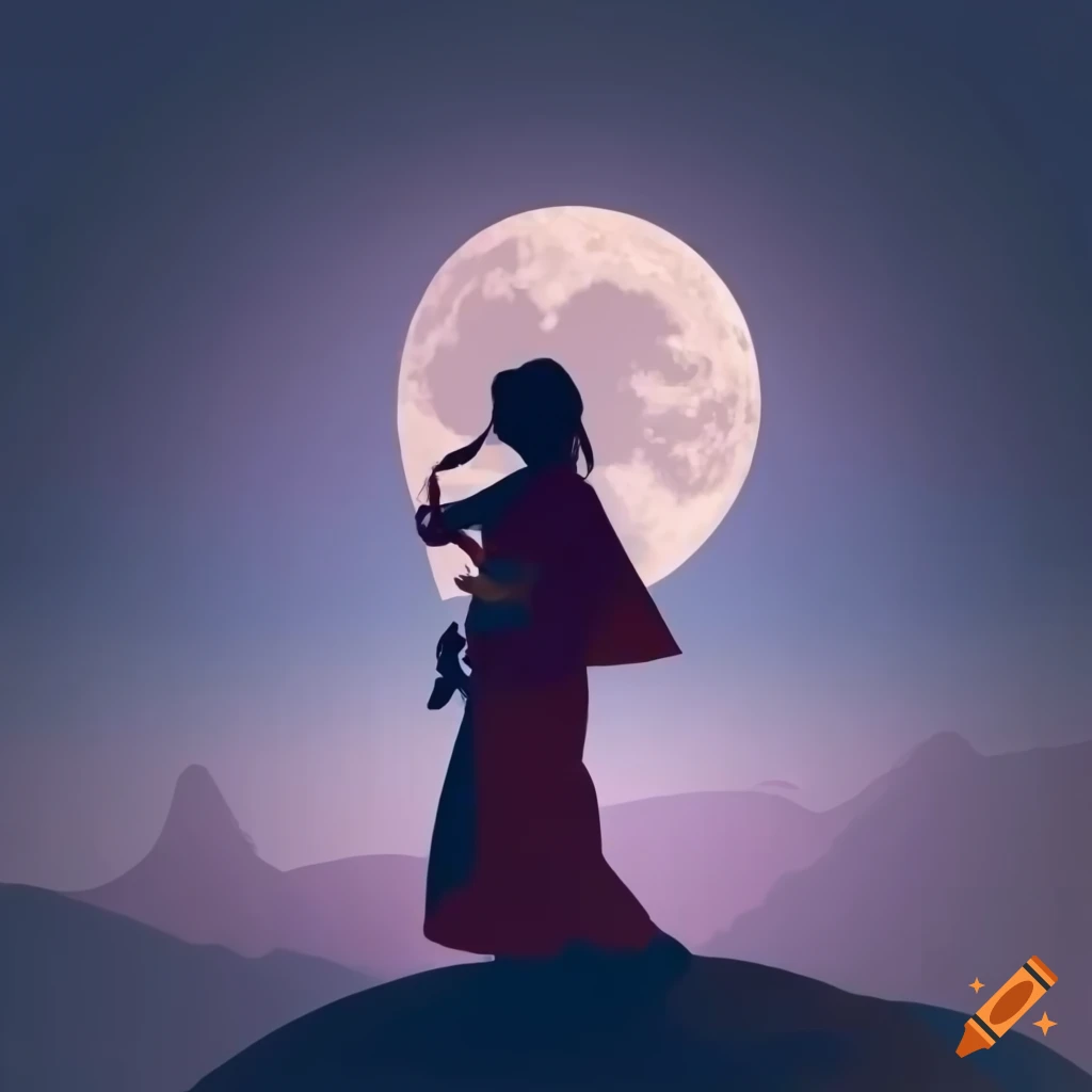 Silhouette of beautiful woman in traditional Japanese clothing on a hill under the full moon