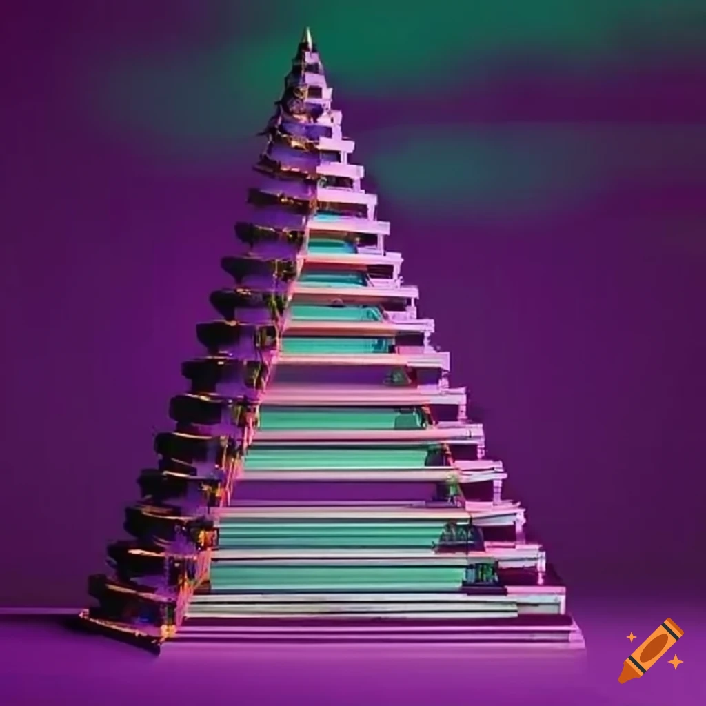 Inclined steel girders forming a tall pyramid structure with platforms and glass panes
