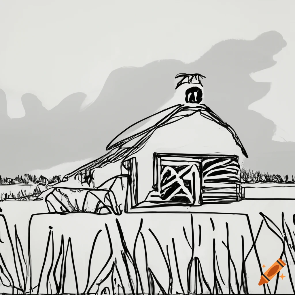 Continuous line drawing of a barn in a large field in black and white