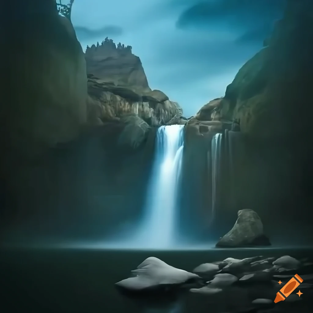 Waterfall cascading into a lake with a dove on a rock, hyper realistic