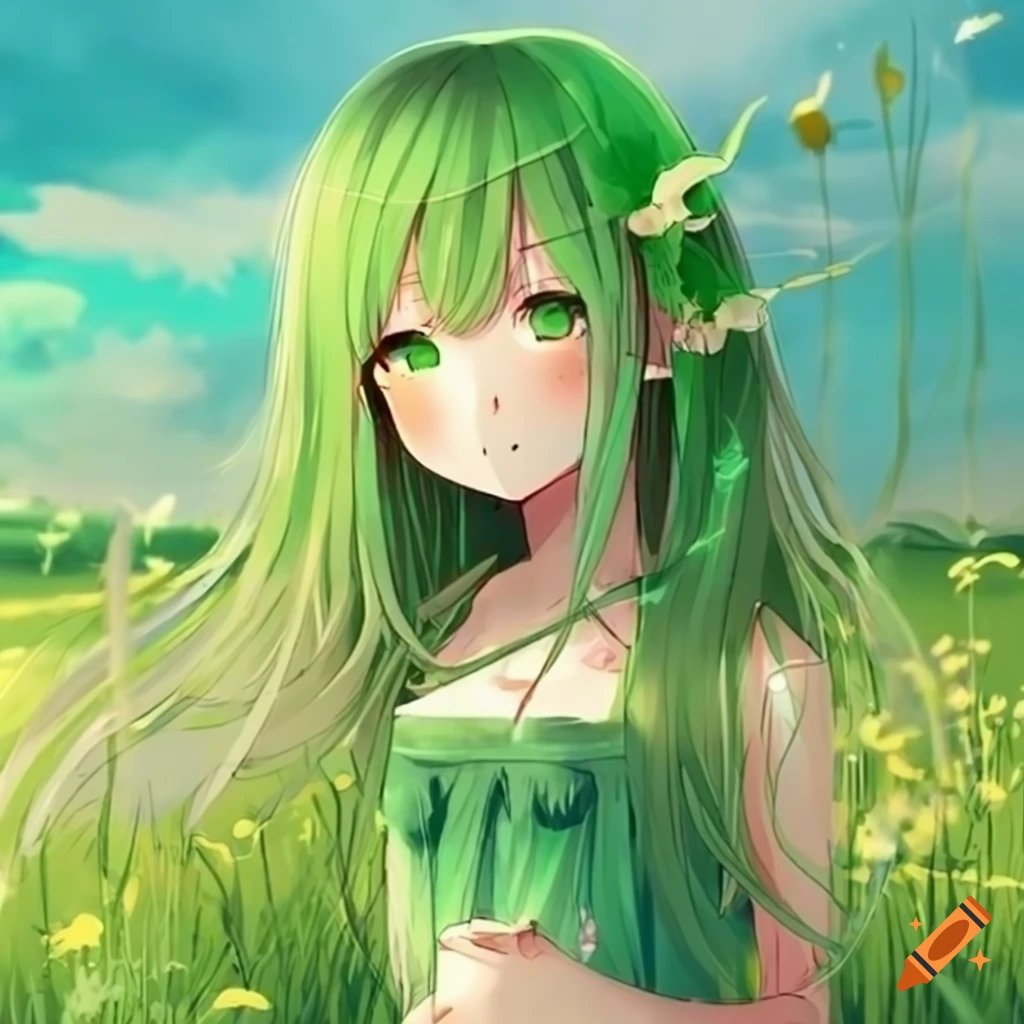 Green anime girl in a meadow