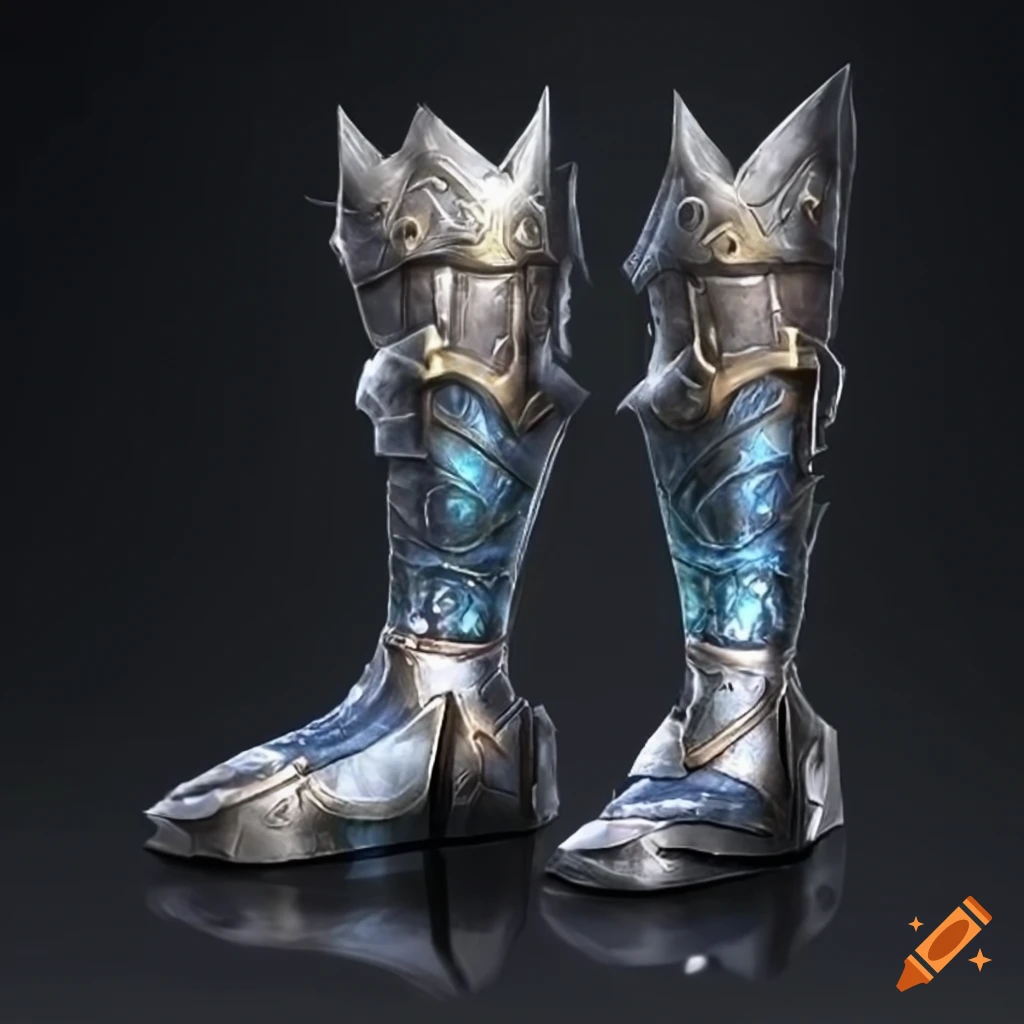 Adorned mithril plated knight boots with magic aura for RPG game