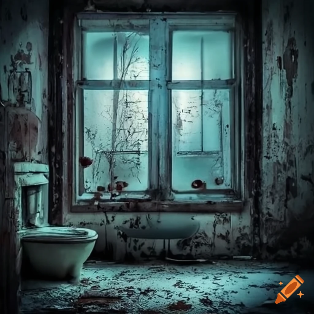 Surreal abandoned bathroom in eerie moonlight