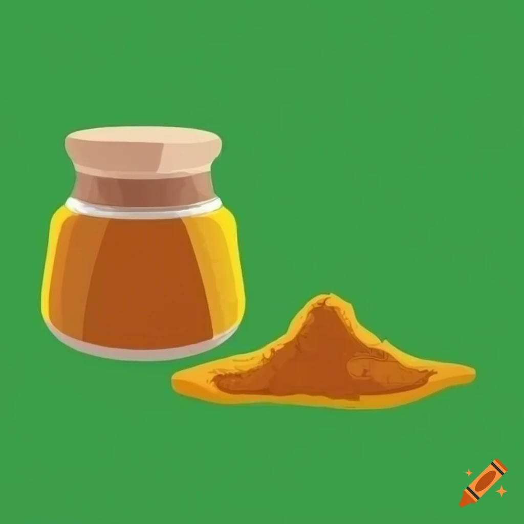 Jar of turmeric powder next to its root in cartoon style on a green background