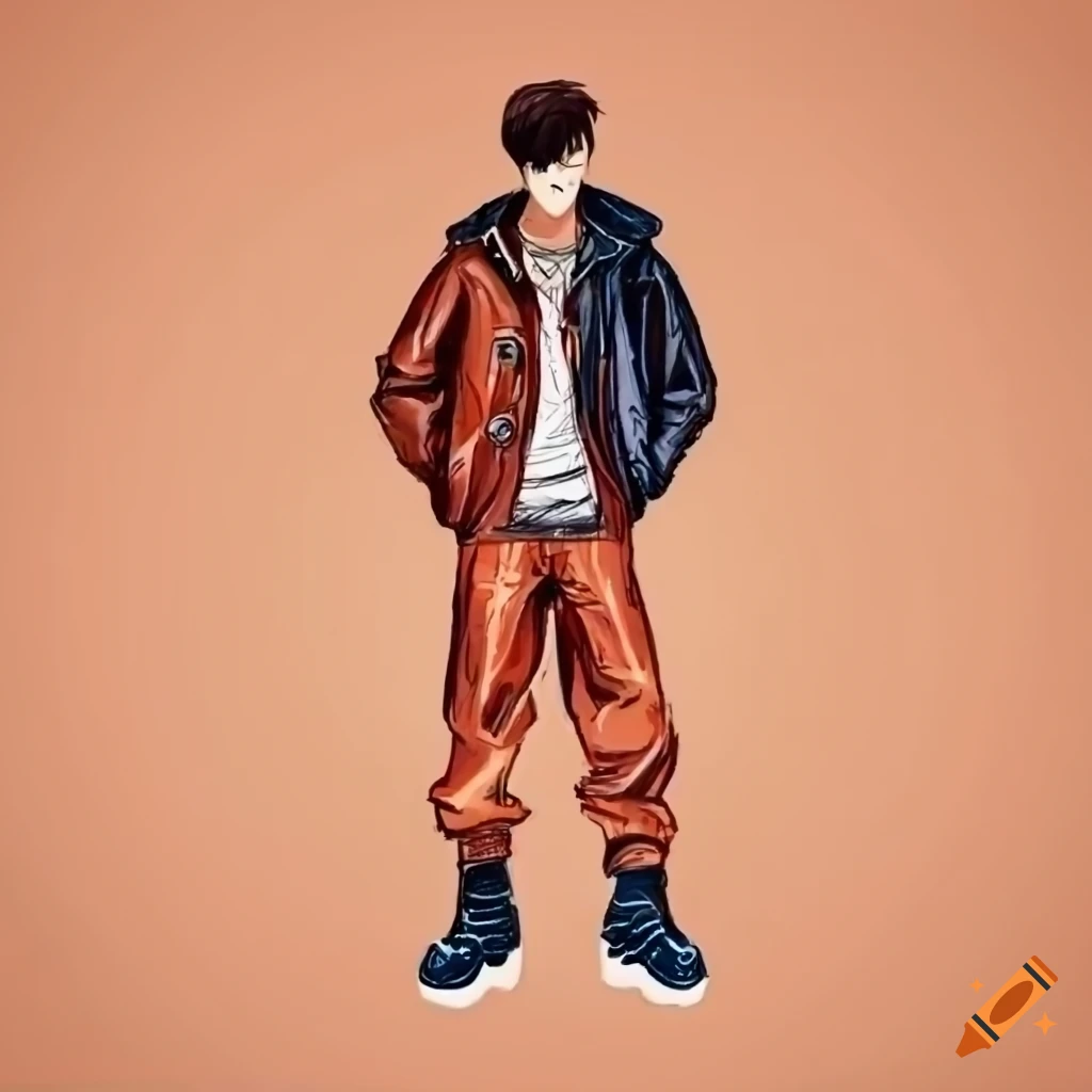 Fashion sketch of a male outfit with crop top, leather jacket, baggy pants, and combat boots