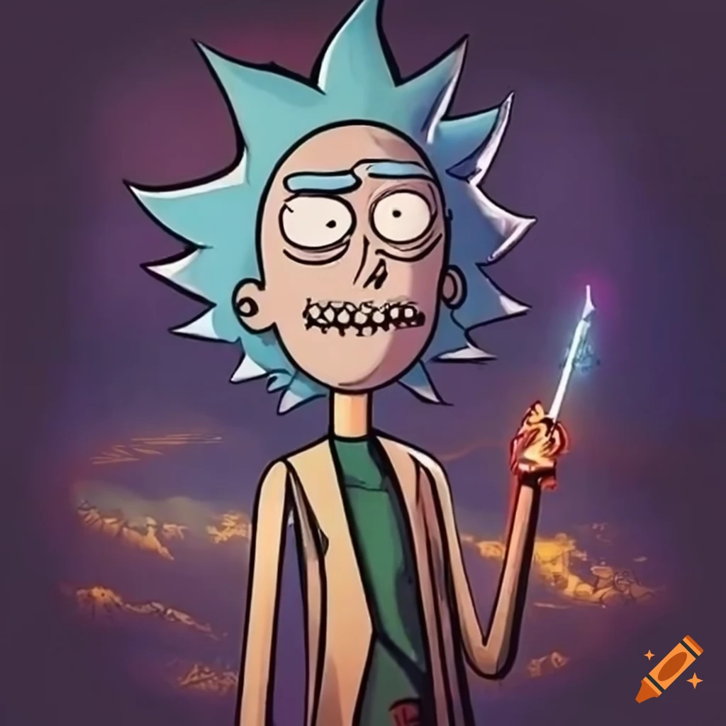 Vintage poster mixing Rick & Morty and Harry Potter universes