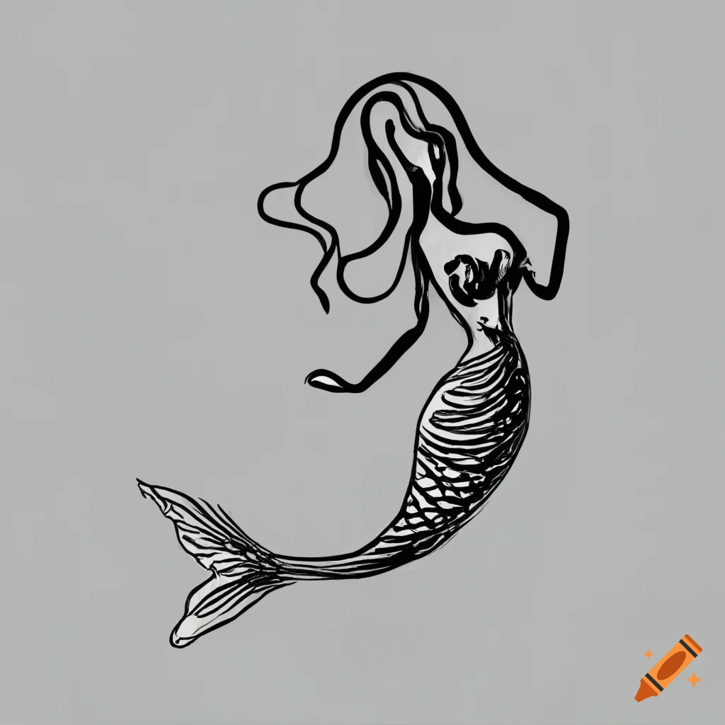 Continuous line art of a mermaid in black ink on white paper on Craiyon