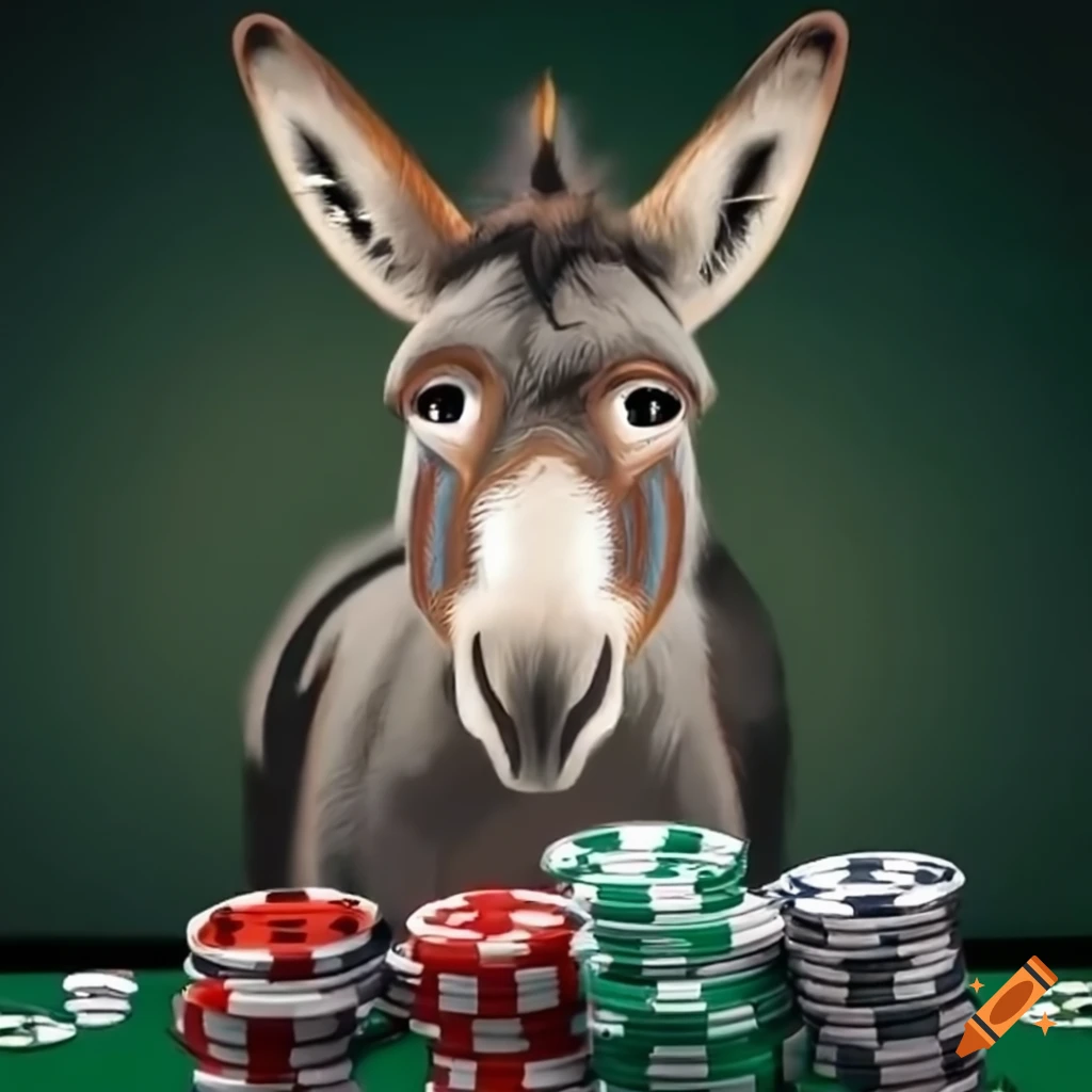 Donkey playing poker with chips