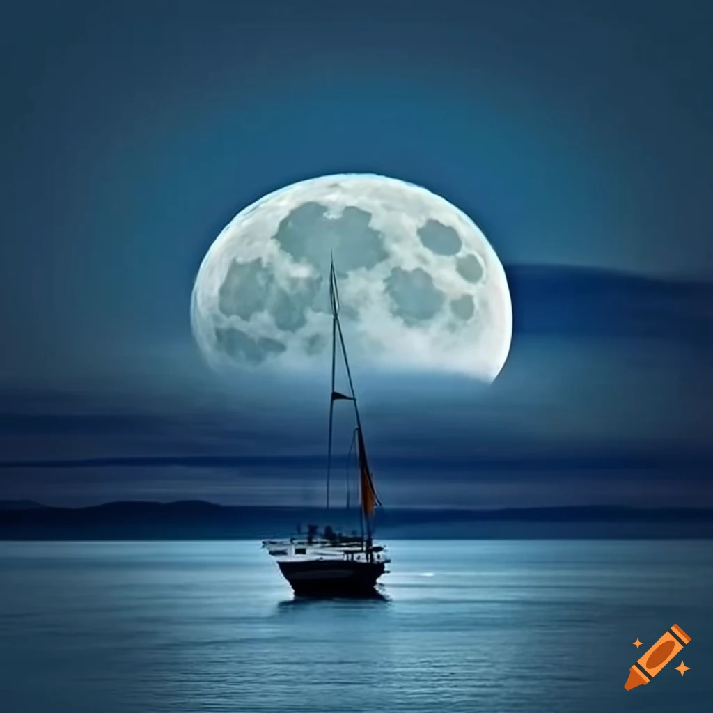 Serene ocean scene at dusk with full moonlight and sailboat
