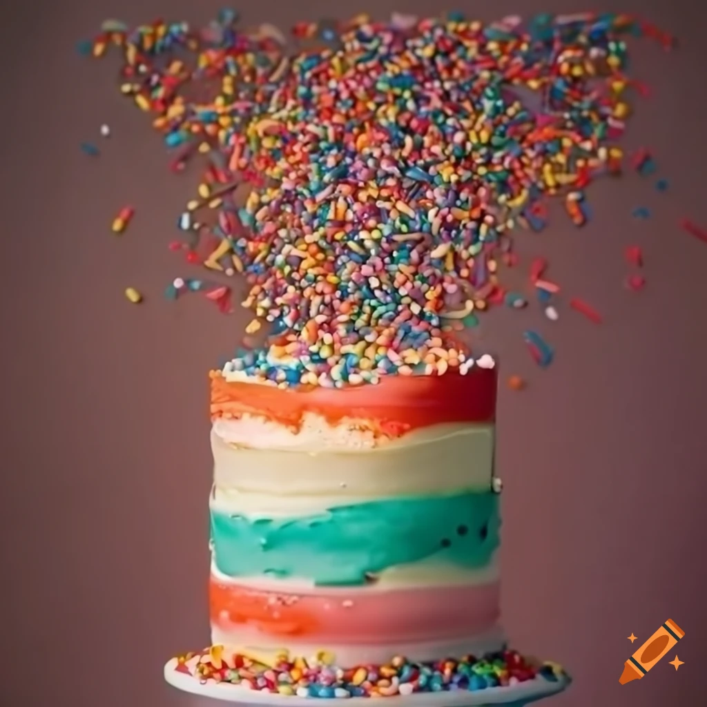 White cake with rainbow circle sprinkles, top view