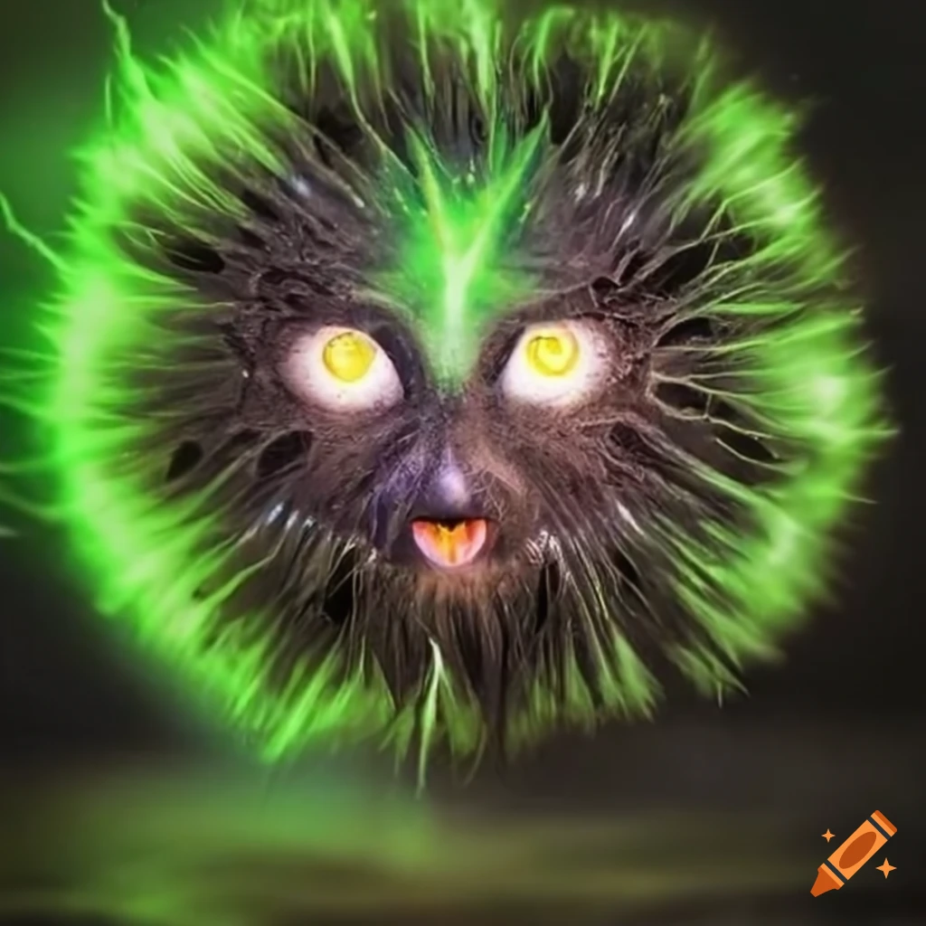 Green lightning ball with black eyes and a spiky mouth