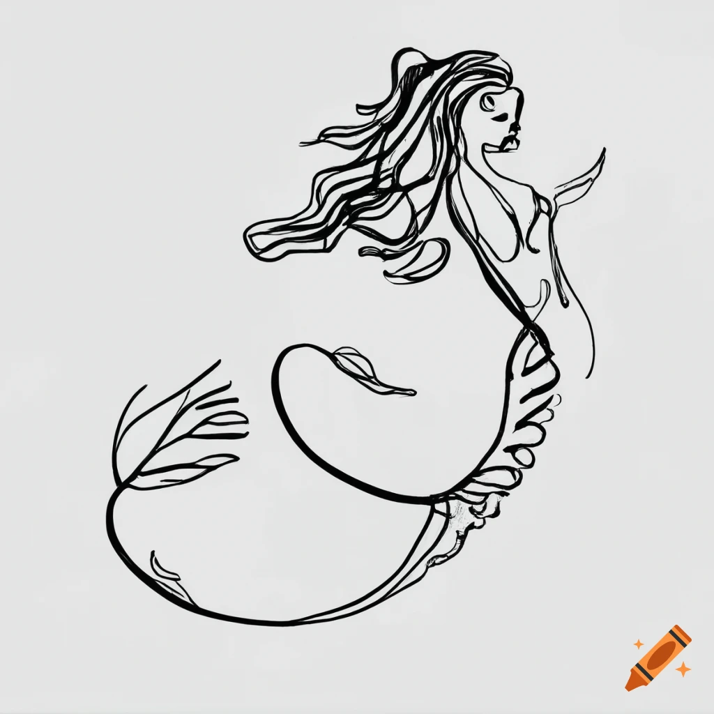 Continuous line drawing of a mermaid in black ink on white paper on Craiyon