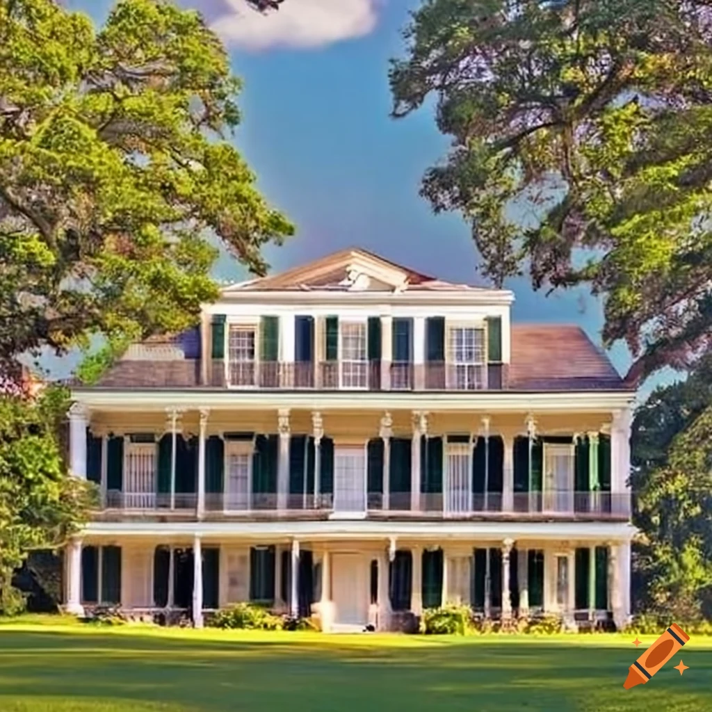 Antebellum plantation house in New Orleans French Quarter style with trees