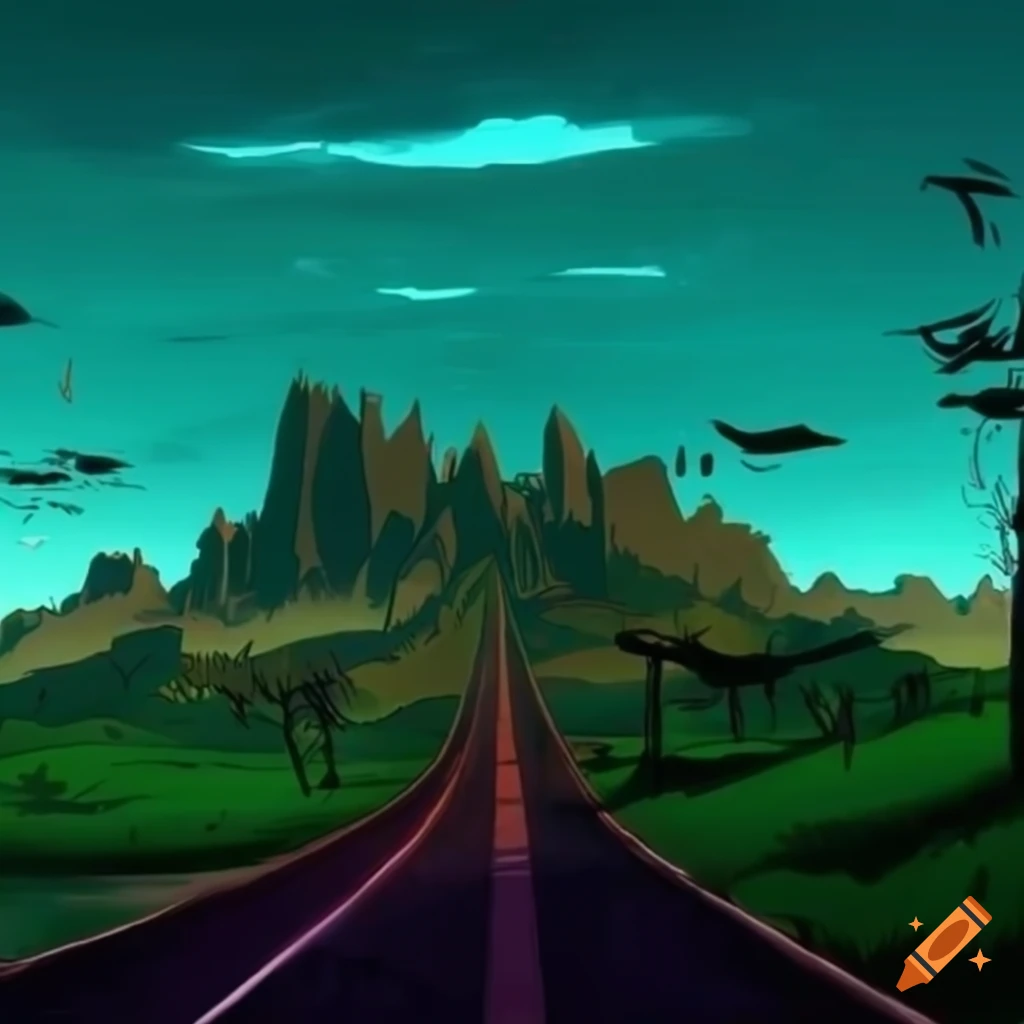Gorillaz-style background with beautiful nature and road