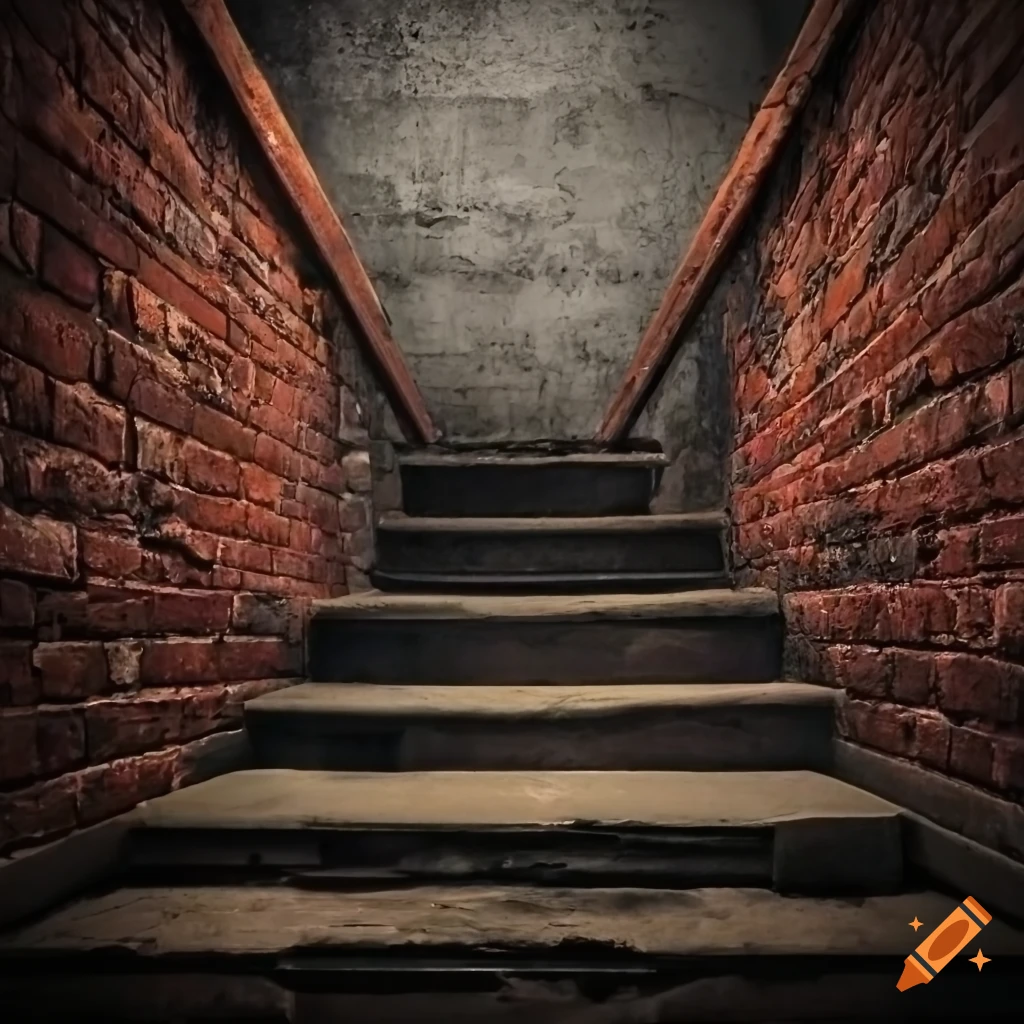 Creepy basement with brick walls and dim lighting, featuring a table and coat rack