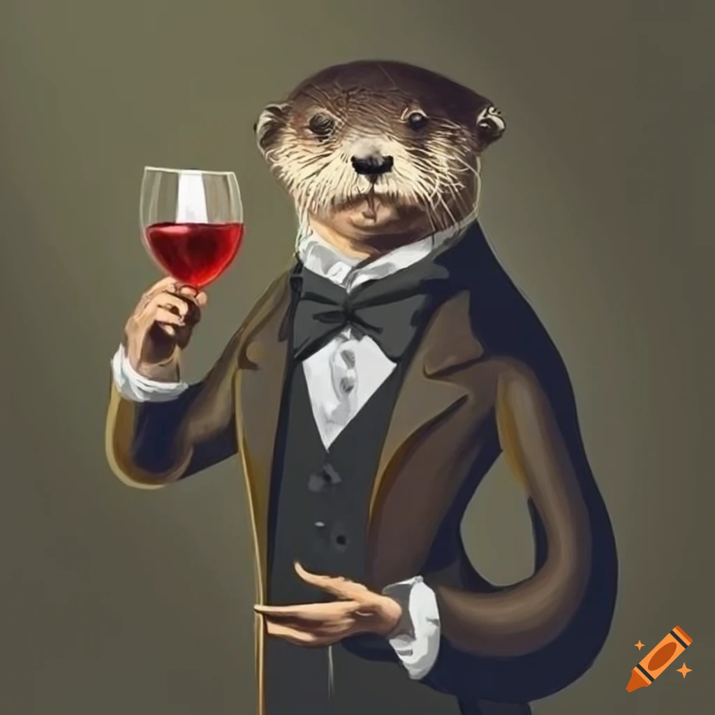 Otter man in tuxedo with a glass of wine in renaissance style