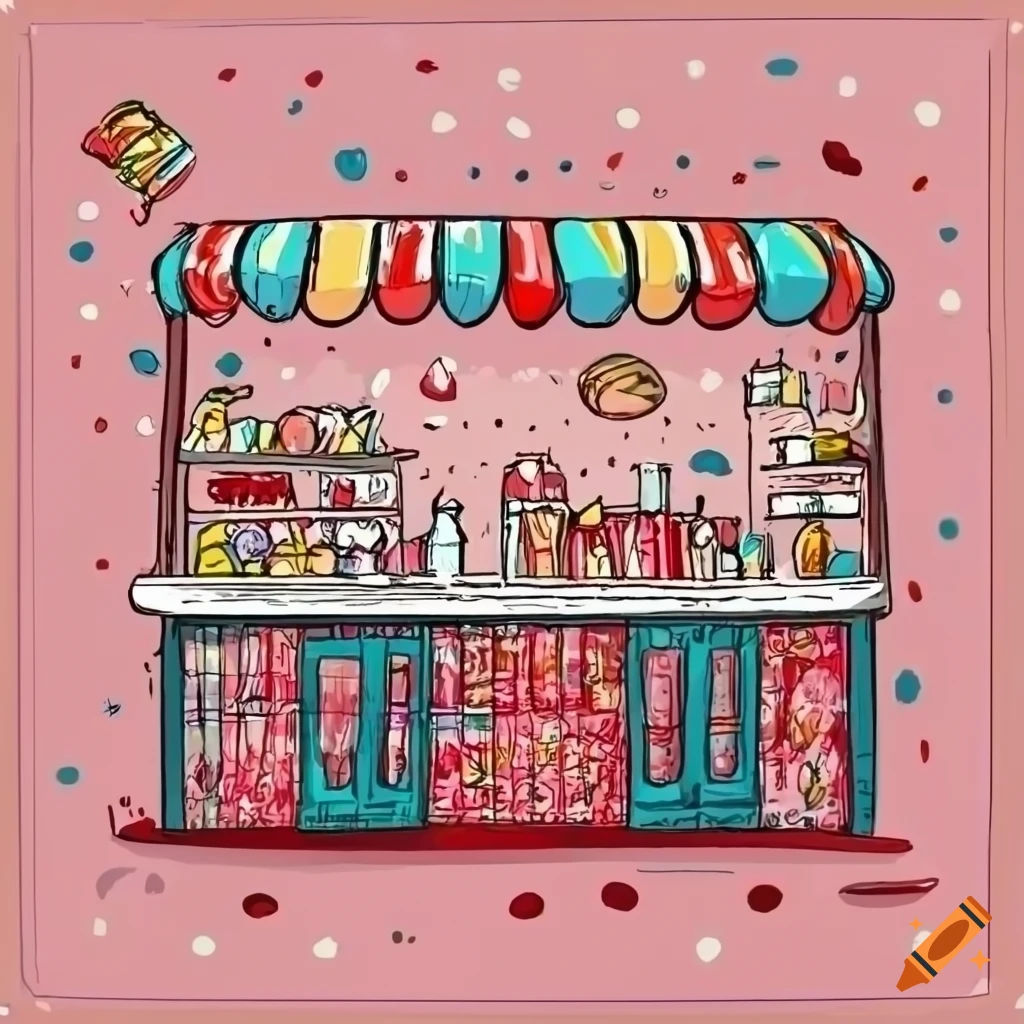 Interior of a candy shop in a detailed comic book style