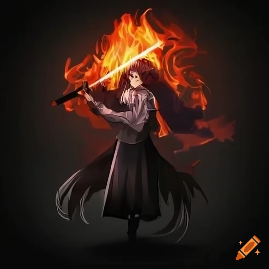 Anime-style man holding a fiery katana