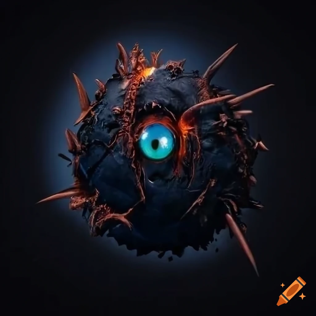 Round obsidian creature with spikes and a single eye in a volcanic landscape