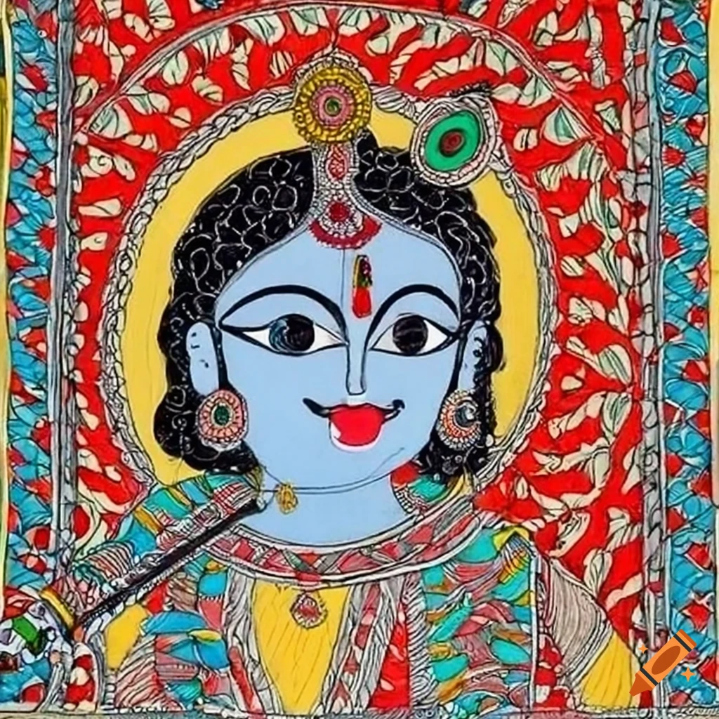Madhubani art of Lord Krishna playing flute or riding chariot