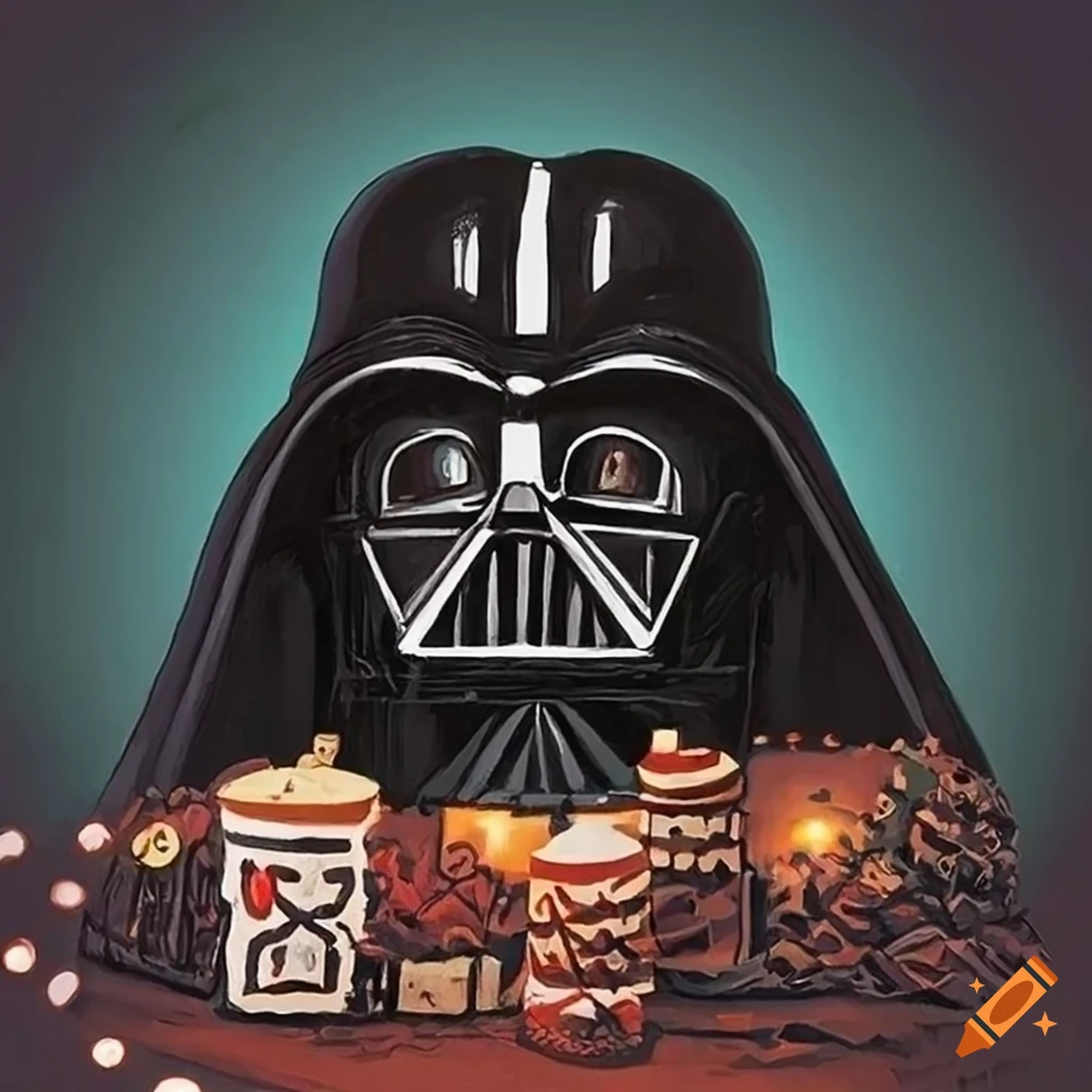 Darth Vader in front of his gingerbread house, 50s style postcard