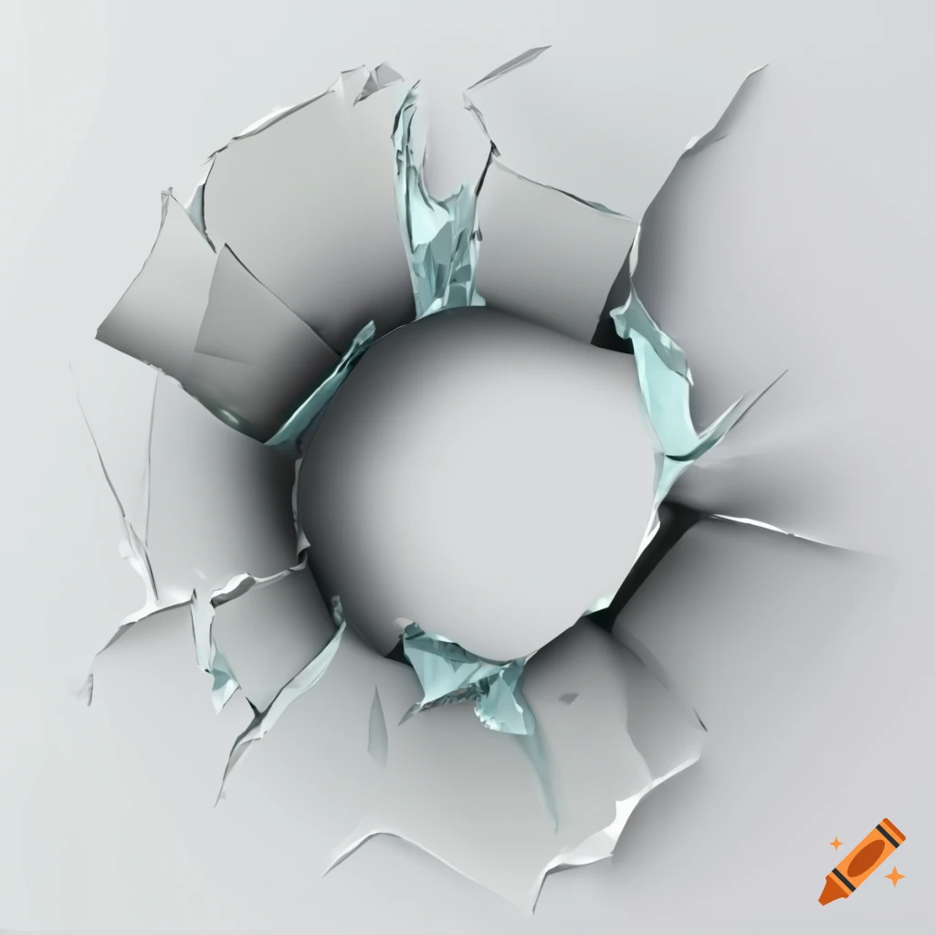 3D glass broken hole on white background in old style