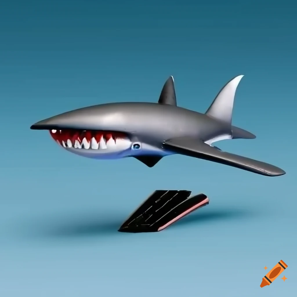 Model of a shark-plane with expressive eyes and wings spread wide