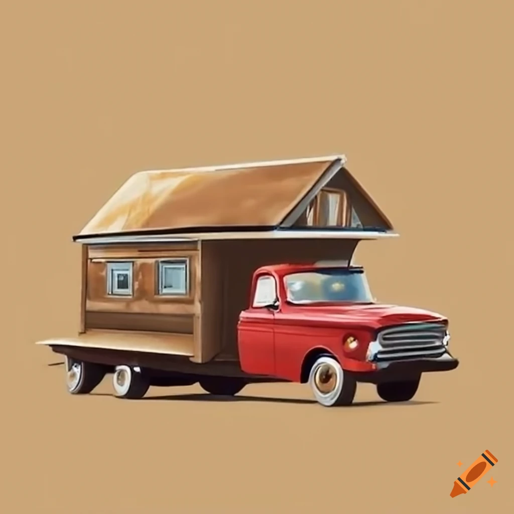 Vintage pickup truck with a rustic wood tiny house