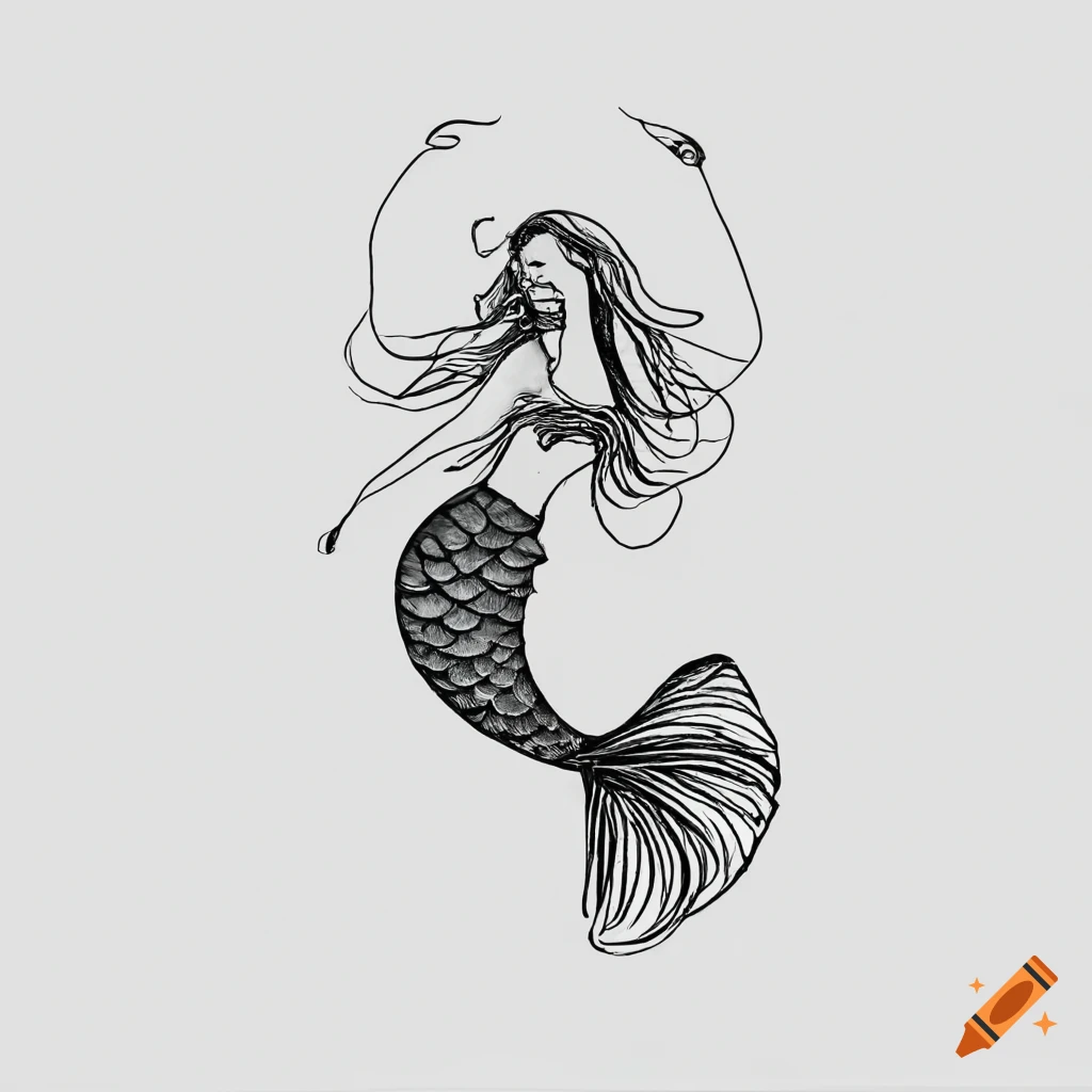 Beautiful swimming mermaid in a minimalist black and white line drawing