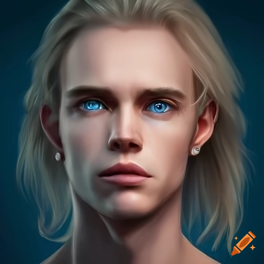 Portrait of a photorealistic man with long blonde hair and blue eyes