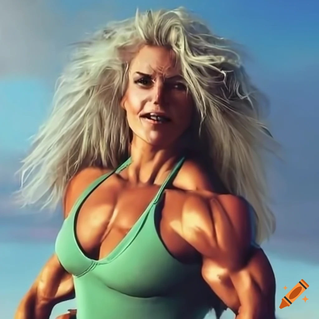 Muscular female bodybuilder in green bathing suit growing larger during thunderstorm