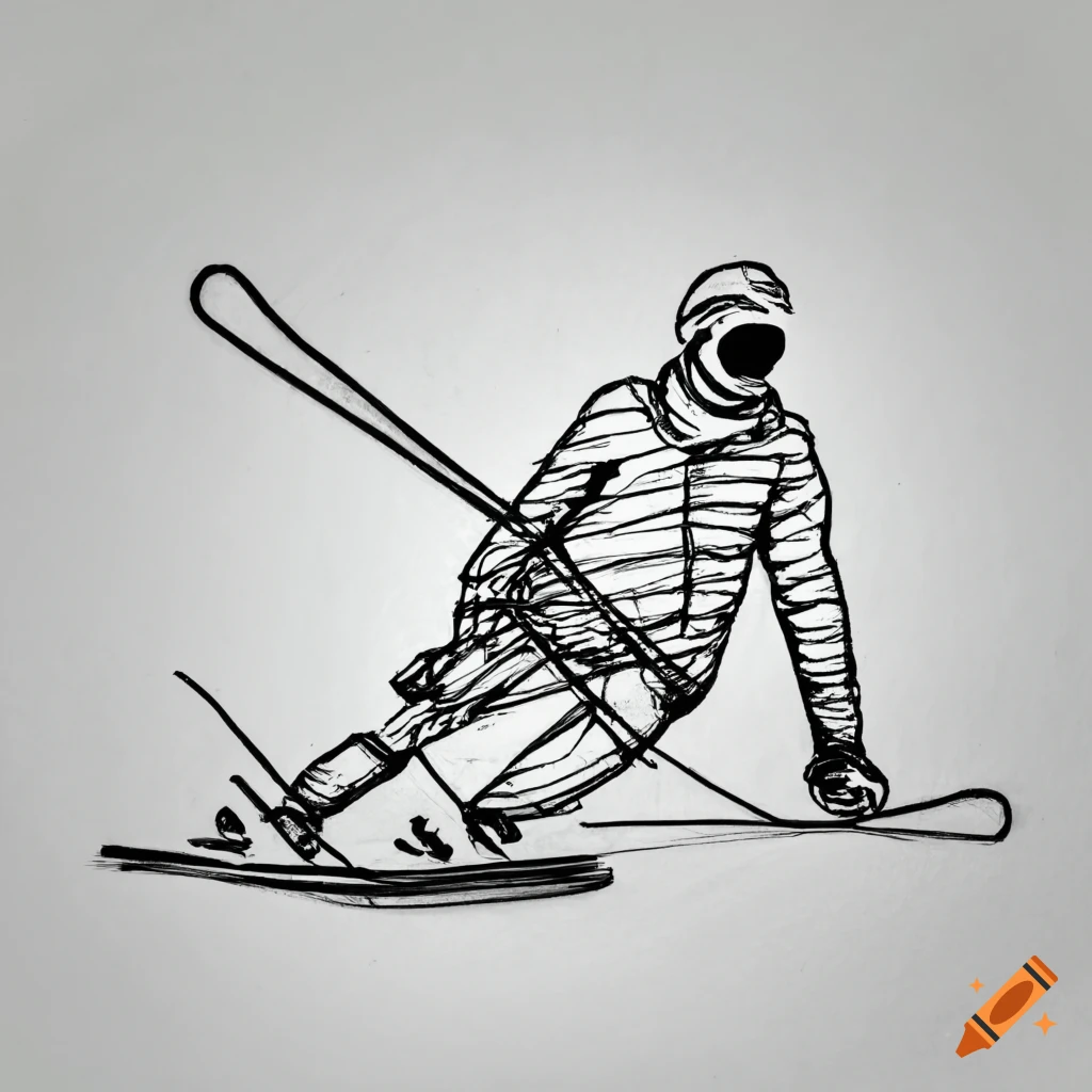 Line drawing of a snow skier in black ink on white paper on Craiyon