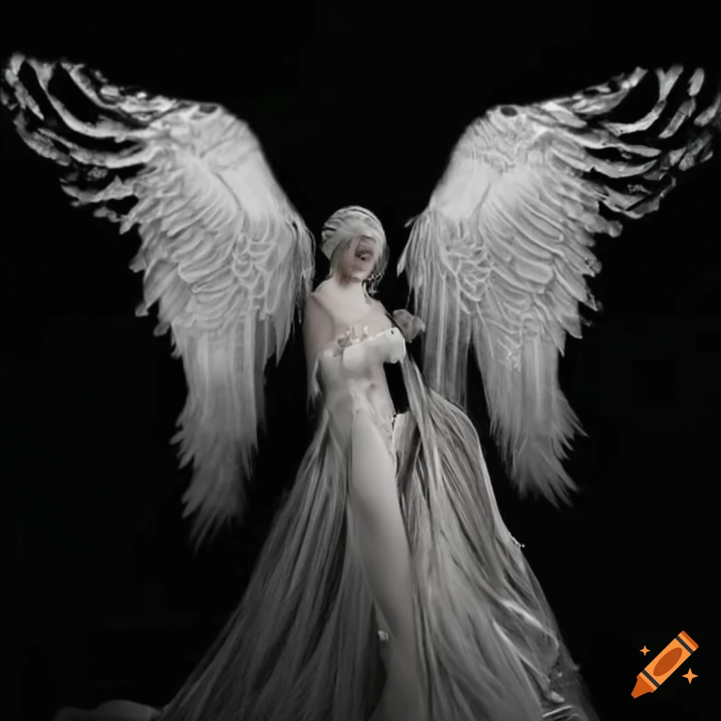 Angel with silver hair, mercury wings and formal attire