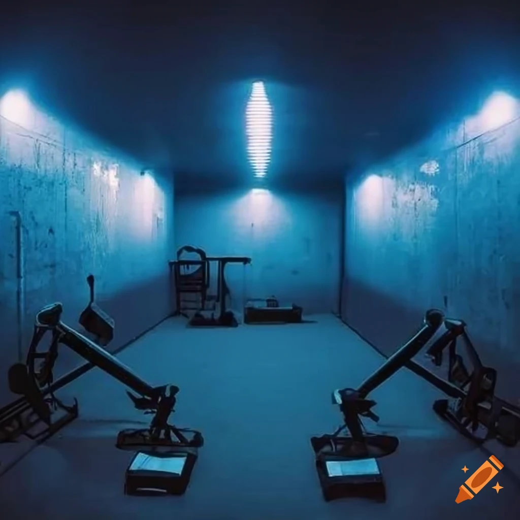 Interior of a dark basement filled with workout equipment and couches under dim fluorescent light