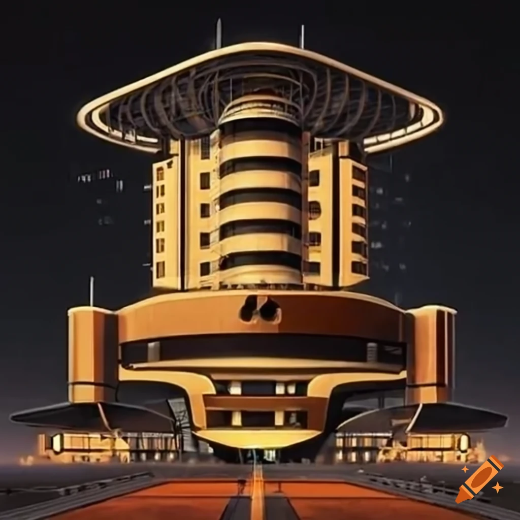 Retrofuturist 70's styled hotel and casino on the moon