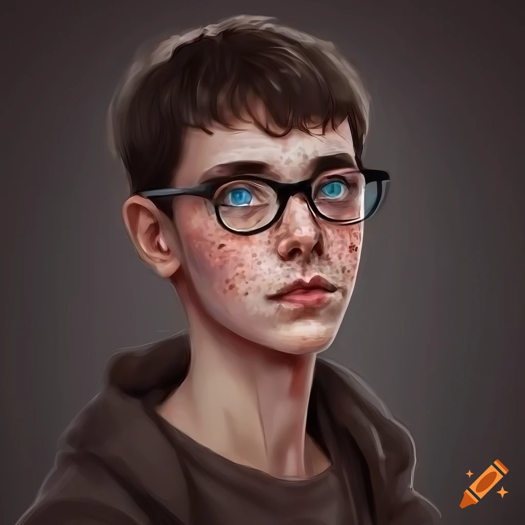 Portrait of a 19-year-old man with short dark brown hair, blue eyes, glasses, and freckles