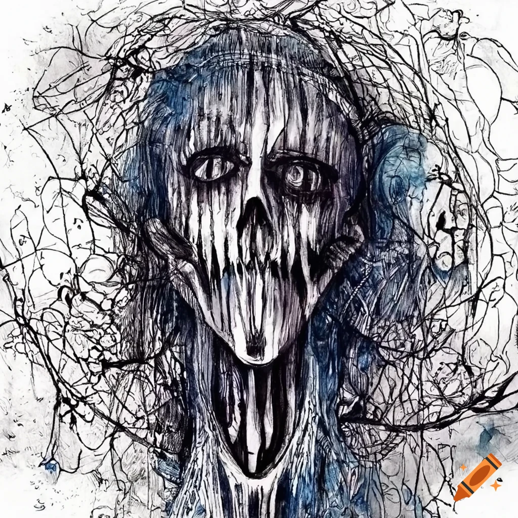 Intricate black and white pen drawing of a tormented ghost overwhelmed by anxiety