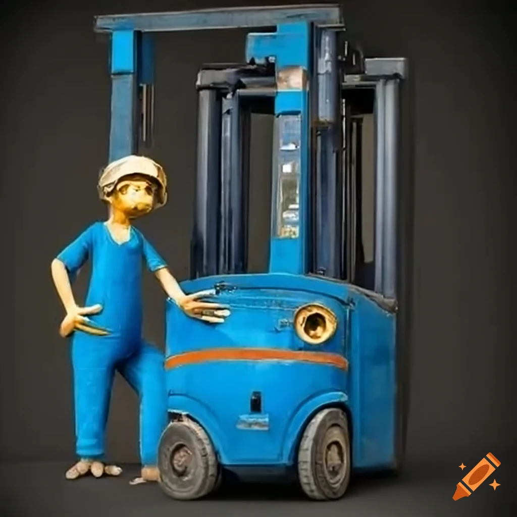 Forklift being driven by a toad in blue overalls in an Egyptian setting