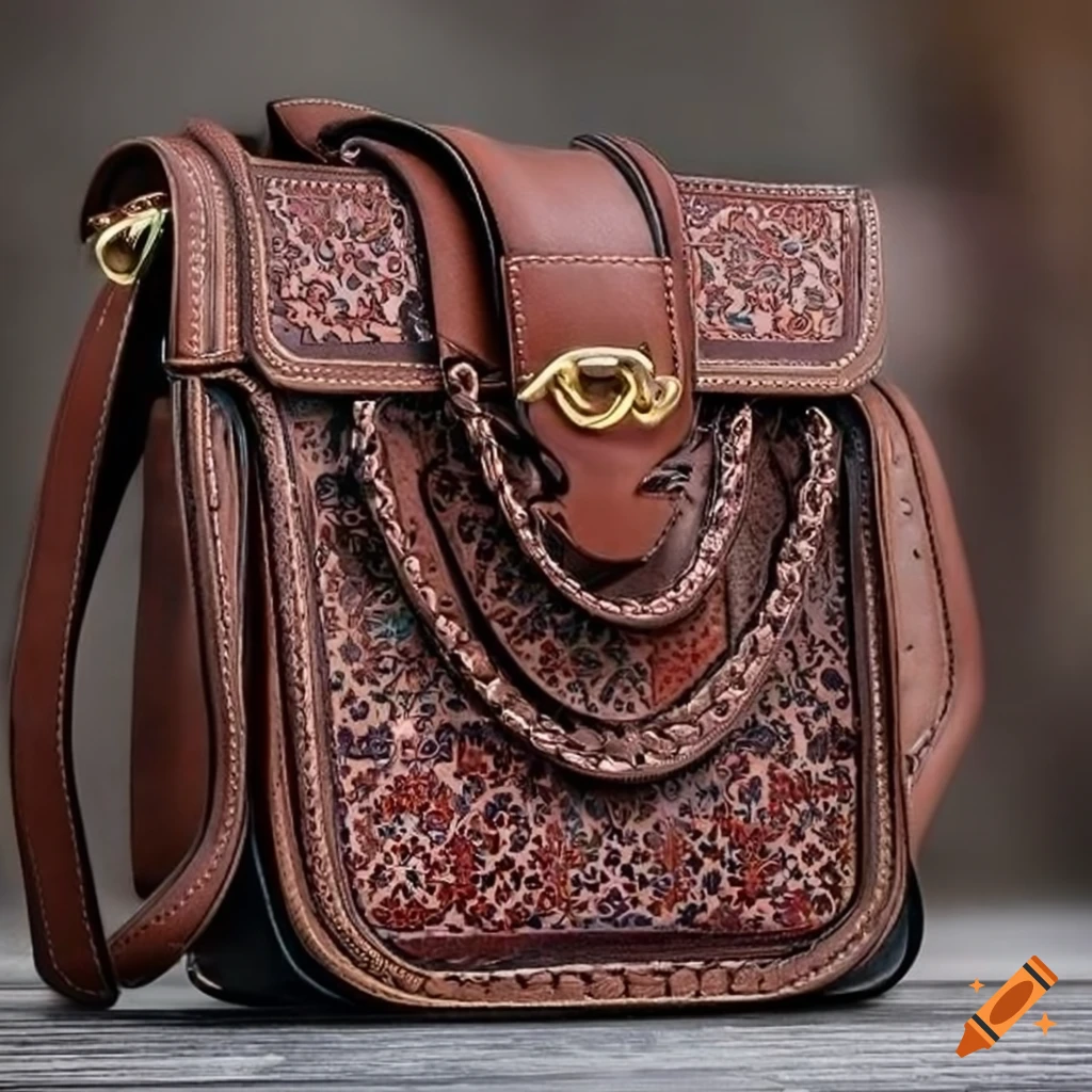 Luxurious Persian-style leather bag with geometric design and intricate details