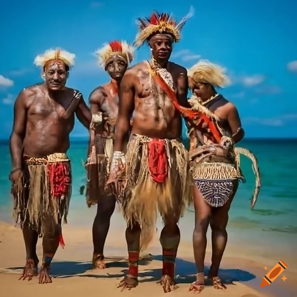 Papuan tribal leader in traditional attire by the ocean with villagers