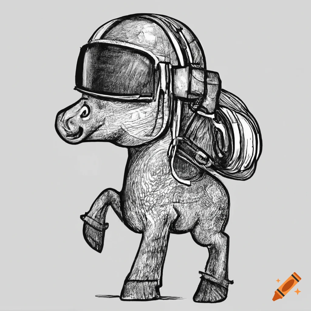 Derpy brown horse with astronaut helmet in whimsical style
