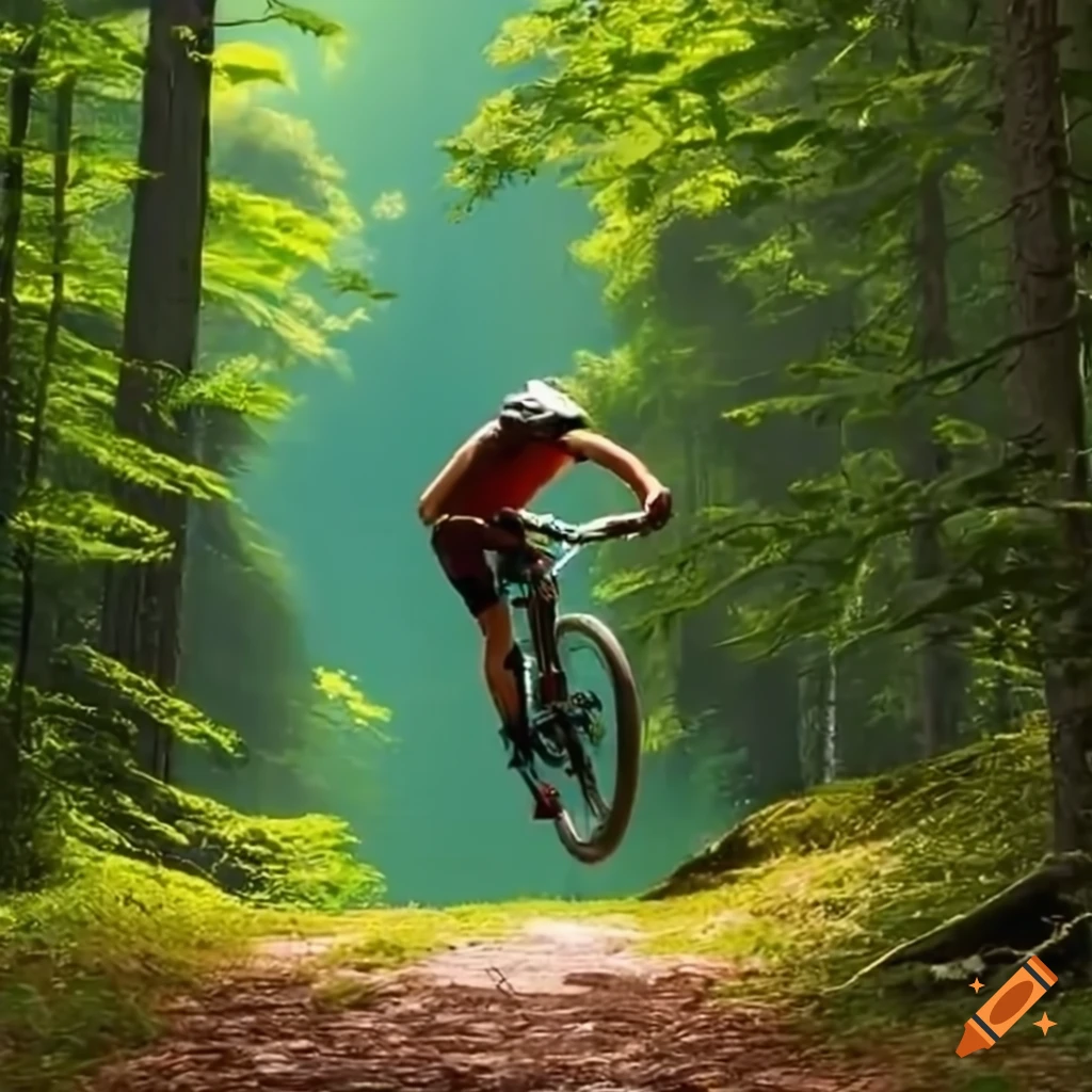 Downhill mountain biking in a lush forest with a serene lake and birds in flight