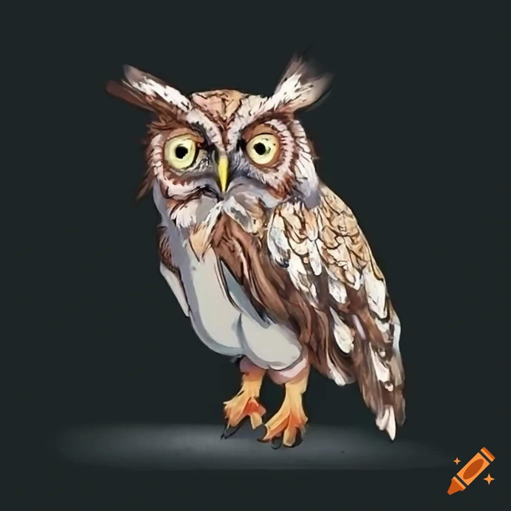 Cross-eyed owl with bushy feathers and gapped teeth