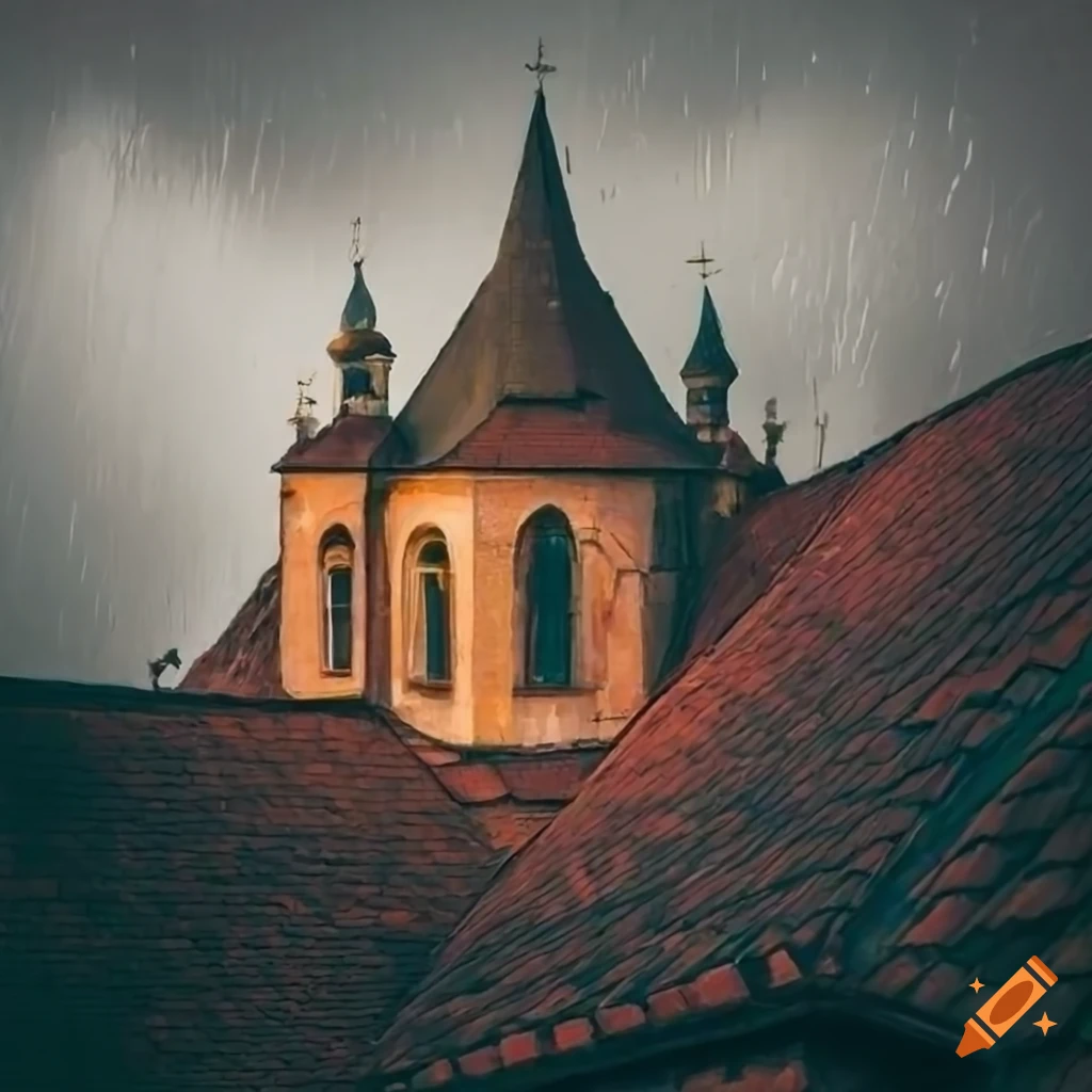 Monastery with a cloth patch covering a hole in the roof in the rain