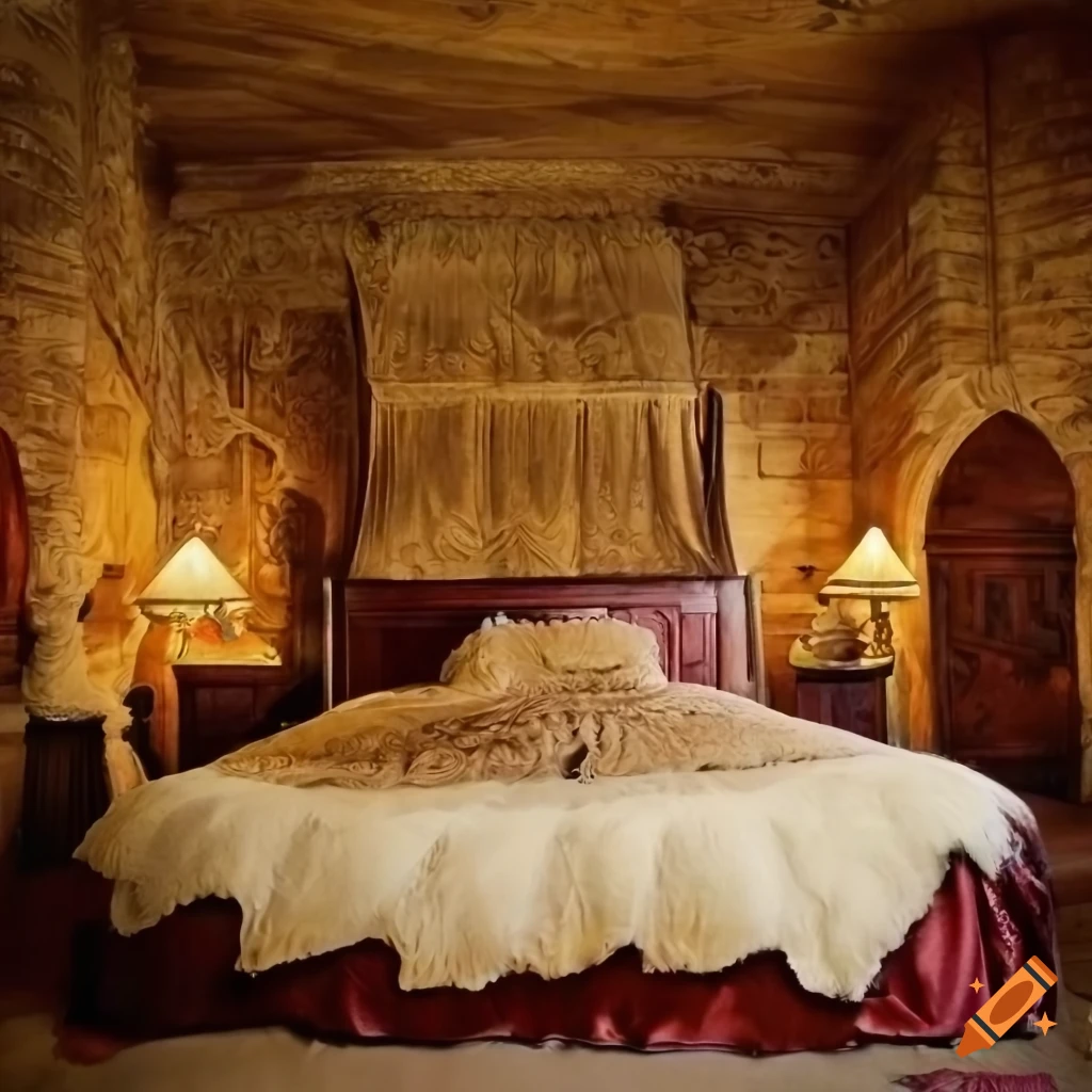 Beautiful medieval castle bedroom with a grand king size bed and fireplace