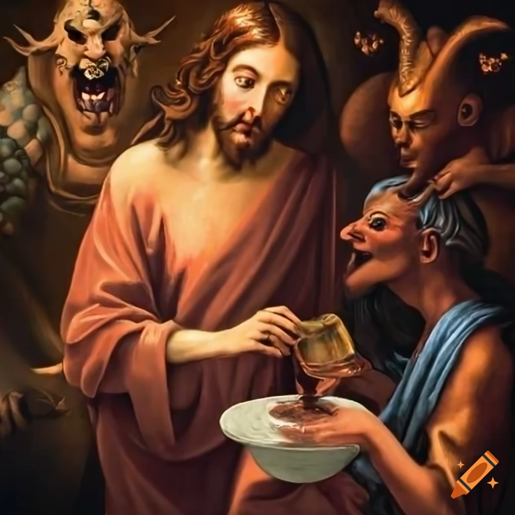 Allegorical scene of Jesus and Satan sharing a peaceful moment over a drink