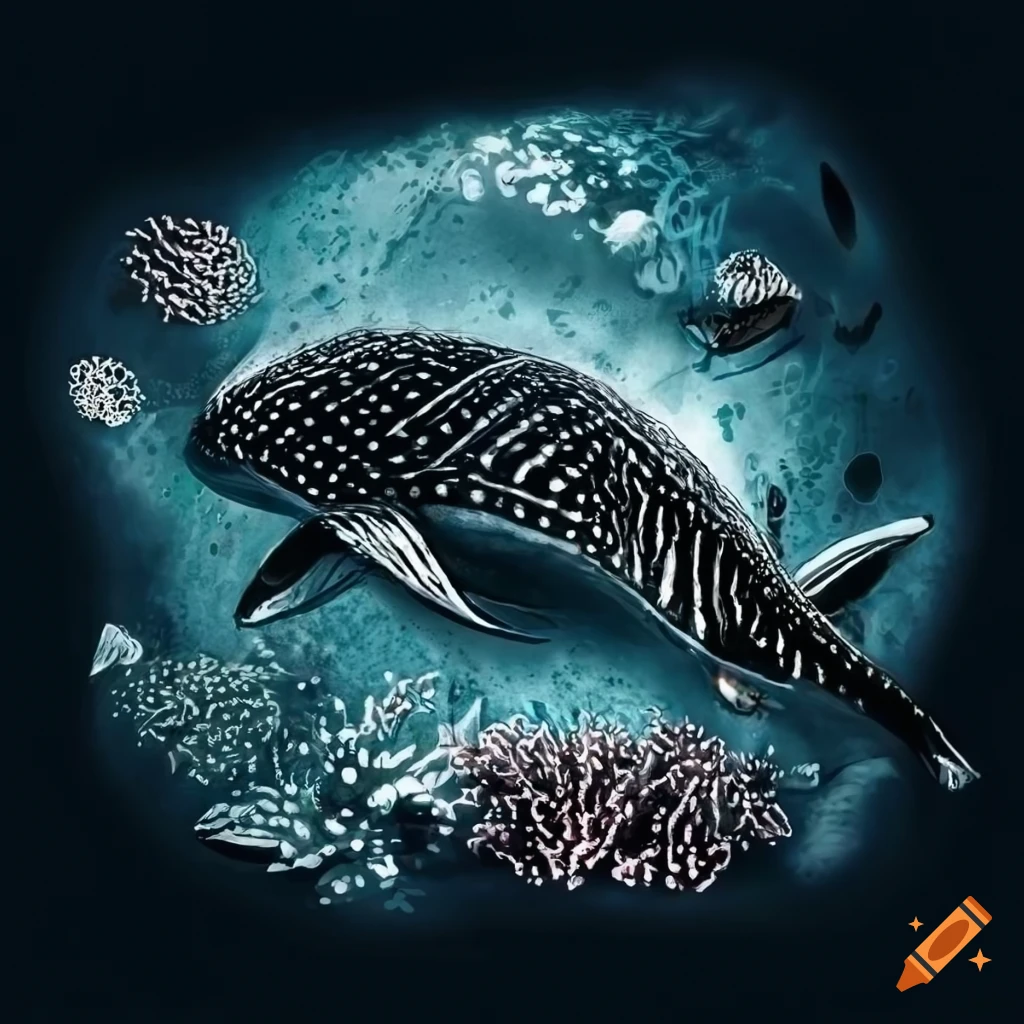 Whale shark swimming among corals and marine creatures in a black and white sketch